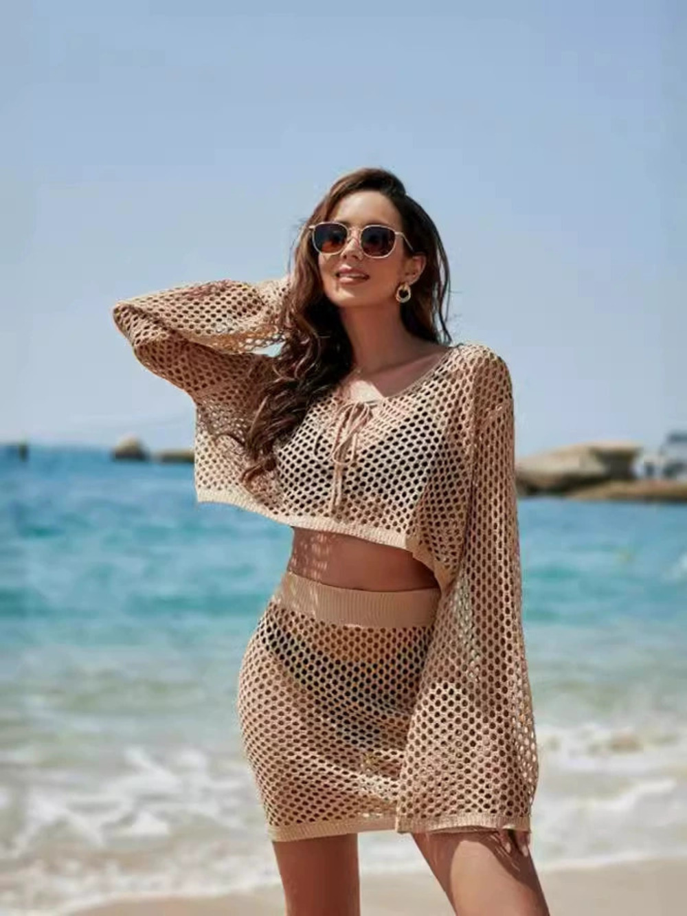 Zara Knit Bell Sleeve Loose Cutout Resort Sun Protection Set
